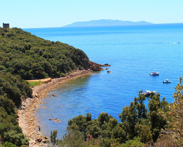 Coastal landscape featuring a rocky shoreline and green hillside, a calm blue sea, and several small boats near the shore.