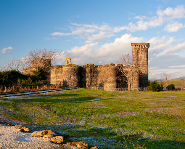 Ruined stone fortress with a tall cylindrical tower, set in a grassy landscape under a bright blue sky.